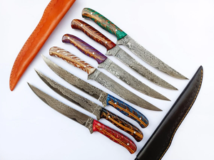 Handmade Damascus Steel Fillet Knife Set Professional Fish Fillet Knives with Pine Cone Resin Handle Genuine <b>Leather</b> Sheath - Product Image 1