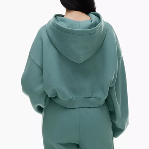 Women's <b>Mint</b> <b>Green</b> Cropped Hooded Sweatshirt Full Sleeve Printed Solid Color Casual Winter Wear 100% Cotton Knitted Lined - Product Image 6