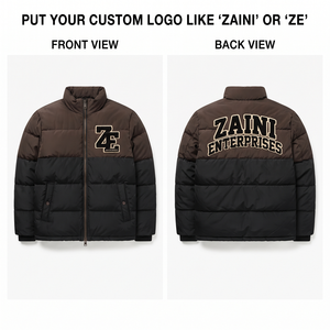 Premium ZAINI 320 GSM Water Resistant Polyester Puffer <b>Jacket</b> Brown Black Panel Design Hooded Windproof Camouflage Pattern OEM - Product Image 1