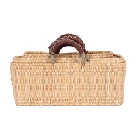 Handgewebte marokkanische Korbtasche mit Ledergriffen, Bohemian Vintage Damenmode, für alle Jahreszeiten, Sommer, Einkaufen, Picknick, Strand