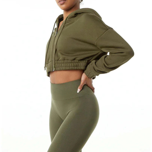 Sudadera con capucha corta verde oliva para mujer, modelo 2026, con cremallera, manga larga, color sólido, tejido transpirable, para otoño - Product Image 3