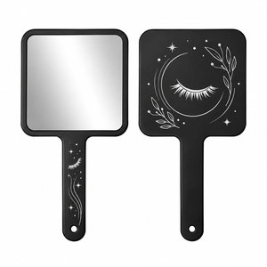 Handheld <b>Square</b> Makeup <b>Mirror</b> With Moon And Eyelash Design Black Plastic Handle Single Sided - Product Image 1