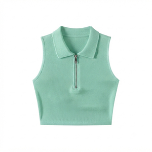 Women's Mint Green Ribbed Knit Sleeveless Tank <b>Tops</b> O-Neck Zipper Front Hip Hop Solid Color Short Length Eco-Friendly Tassel - Product Image 1