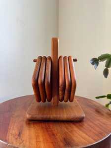 Handcrafted Brown Vintage Teak Wood Coaster <b>Set</b> with Stand — 6 Pieces| Quiet Luxury Sculptural <b>Desk</b> Decor | Japandi Functional - Product Image 3