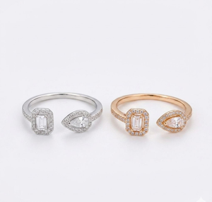 Anillo de oro de 14K estilo Toi et Moi con diamantes, esmeralda y diamantes cultivados en laboratorio en forma de pera, anillo de doble halo abierto, banda de diamantes de puño abierto - Product Image 3