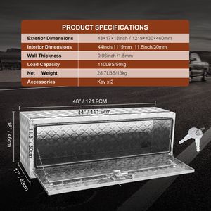 Customizable 48\" X 17\" X 18\" Underbody Truck <b>Box</b> <b>Heavy</b> <b>Duty</b> Aluminum Diamond Plate <b>Tool</b> <b>Box</b> with Lock Keys OEM Size Support - Product Image 2