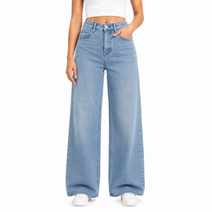 Jeans de Mezclilla de Pierna Ancha para Mujer, Corte Holgado, Casual, con Logotipo Personalizado, Color Sólido, Cintura Alta, Rectos, Lavado Claro, 100% Algodón - Product Image 3