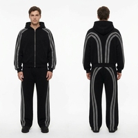 Survêtement en molleton pour homme personnalisé à motif damier en strass, veste à capuche noire et pantalon assorti, design graphique