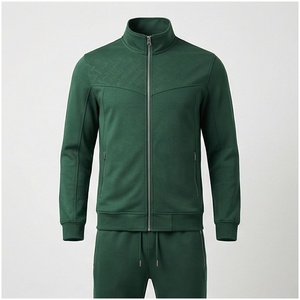 Ensemble de survêtement vert pour homme, manches longues, col montant, fermeture éclair sur le devant, couleur unie, respirant, coupe décontractée, vêtements d'automne - Product Image 1