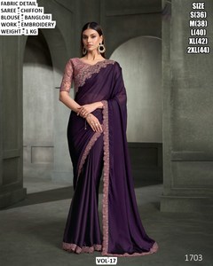 <b>Red</b> Chiffon <b>Saree</b> with Embroidered Blouse for Women Traditional Wedding Wear Wrinkle-Free Moisture-Wicking Size S to 2XL - Product Image 4