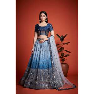 DISEÑADOR CHINON BORDADO SECUENCIA TRABAJO LEHENGA CHOLI CON DUPATTA AZUL - Product Image 1