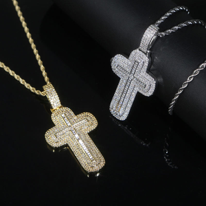 Baguette Cross Pendant Necklace Moissanite Diamond Two Tone 925 Silver <b>Iced</b> <b>Out</b> Hip Hop <b>Chain</b> - Product Image 4