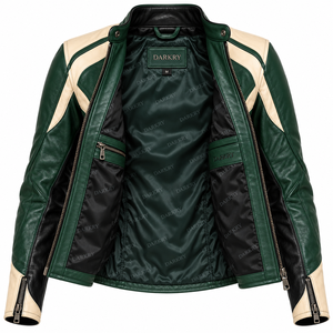 Darkry Womens Green Ivory <b>Black</b> Genuine Cowhide <b>Leather</b> Motorcycle <b>Jacket</b> <b>Ladies</b> Slim Fit Racing <b>Biker</b> Coat Sport Outerwear Gear - Product Image 5