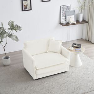 Poltrona Singola da Lettura in Tessuto Ciniglia Bianca Confortevole, Sedia da Soggiorno con Seduta Profonda, 1 Cuscino Decorativo, Divano Comodo - Product Image 1