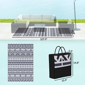 Tappeto da Esterno Reversibile 6FT X 9FT Blu e Bianco con Motivi Geometrici, Impermeabile in Plastica Intrecciata con Borsa per il Trasporto - Product Image 3