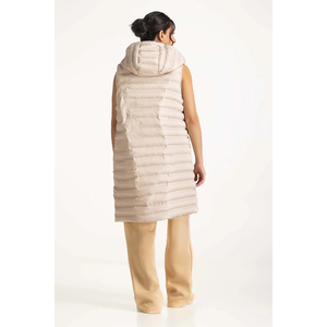 Chaleco Largo Acolchado Sin Mangas para Mujer, con Capucha, Cierre de Cremallera, Cortavientos, Informal, Color Beige Sólido - Product Image 4