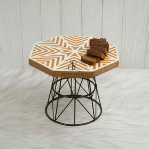 Octagonal <b>Top</b> Wood Resin Cake Stand Geometric Inlay Dessert Platter With Metal Gold Wire Cage Pedestal Base For Party Decor - Product Image 2
