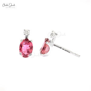 Boucles d'oreilles clous ovales en tourmaline rose naturelle 7x5mm, or blanc 14 carats avec accent de diamant, délicates, à deux pierres, pour mariée, pierre de naissance d'octobre - Product Image 3