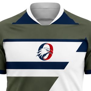 Maillot de football vert olive et blanc à manches courtes avec détails bleu marine, respirant, uniforme d'équipe pour l'entraînement et les matchs - Product Image 1