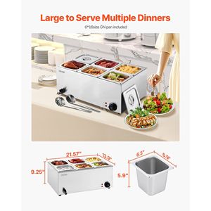 Scaldavivande Elettrico Professionale 24QT in Acciaio Inossidabile per Buffet, Bain Marie a 6 Vasche, 1200W, Attrezzatura per Mantenere il Calore - Product Image 3