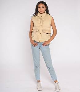 Gilet matelassé pour femme, veste sans manches en jean, col à capuche, fermeture éclair, couleur unie, décontracté - Product Image 2