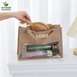 Sac promotionnel en jute personnalisé pas cher avec fenêtre en PVC, sac à main pour les employés de l'entreprise, vente en gros - Product Image 2