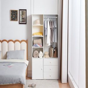 Armadio Bianco per Camera da Letto con Asta Appendiabiti, Cassetti e Ripiani, Elegante Guardaroba con Maniglie per Uso Domestico - Product Image 4