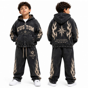 Men Distressed Flame Applique Hoodie Sweatpants 2 Piece Set Custom Studded Leopard Lined <b>Tracksuit</b> - Product Image 5