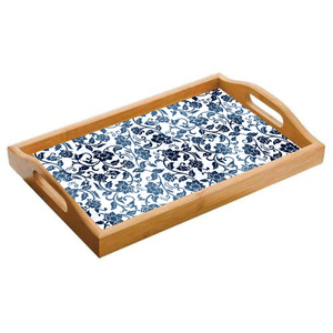 Plateau de service rectangulaire en bois avec motif floral bleu, design chinois traditionnel, peint à la main, vaisselle et assiettes - Product Image 1