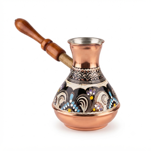 Cezve Turca Redonda de Cobre Pintada a Mano con Esmalte Colorido, Diseño Floral de Arte Folclórico Griego Briki, con Asa de Madera Tallada - Product Image 1