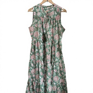 Women's <b>Summer</b> <b>Boho</b> Knee-Length 100% Cotton Eco-Friendly Breathable Washable Handmade Tassel <b>Dress</b> Green Floral 3/4 Sleeve - Product Image 1
