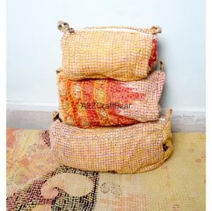 Kantha Quilted Eco-Friendly Waterproof Vintage Cosmetic Organizer <b>Makeup</b> Pouches Durable Zipper Tassel Soft Handle Cotton Fabric - Product Image 1
