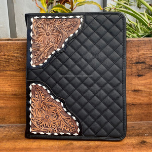 2025 New Design <b>A4</b> Multifunction Hand Tooled Leather File <b>Folder</b> Zipper Portfolio Custom Quilted Leather <b>Folder</b> with Card Holder - Product Image 3