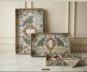 Ensemble de plateaux de service en bois sculpté à la main – Décoration rustique style ferme, plateau de table basse en bois massif - Product Image 1