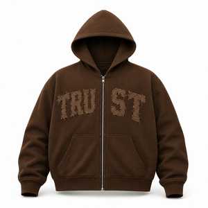 Trust No One Distressed Embroidery Zip-Up Hoodie Oversized Heavyweight Distressed Letter Hoodie Full Zip Hoodie - Product Image 1
