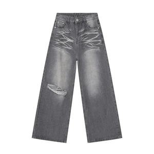 Custom Manufacturers Logo Men's Embroidered Baggy Jeans Loose Fit Straight Acid Wash Distressed Solid Casual Denim <b>Pants</b> - Product Image 6