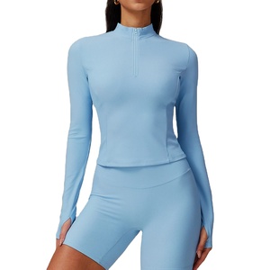 Haut d'entraînement de gymnastique de sport demi-fermeture éclair pour femmes XL chemise de Yoga à motif solide pour l'automne hiver Logo sur la taille tenue de Sport de Fitness féminin - Product Image 5