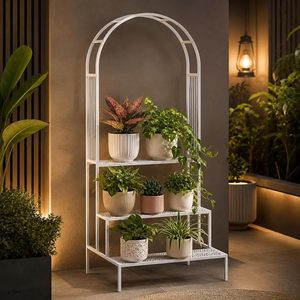 Support à fleurs moderne en métal avec design arqué pour plantes d'intérieur, étagère blanche thermolaquée - Product Image 1