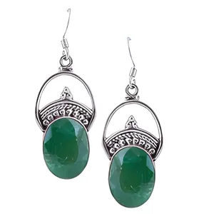 Boucles d'oreilles ovales en argent véritable avec émeraude verte et quartz, serties clos, bijoux pour femmes - Product Image 1