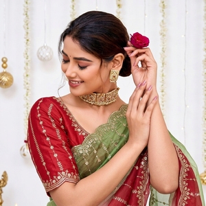 Sari de Seda Ombre Rojo y Verde para Mujer, Traje Tradicional de Boda, Largo hasta el Suelo, Corte Regular, Sin Arrugas, Estilo India-Pakistán - Product Image 3