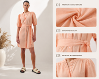 Robe midi bohème tendance couleur pêche en lin/coton pour femme, respirante, écologique, à manches courtes, ceinturée, style vintage naturel