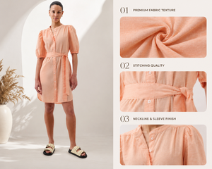 Vestido Midi Bohemio de Lino/Algodón Color Durazno de Moda para Mujer, Transpirable, Ecológico, de Manga Corta, con Cinturón, de Alta Calidad - Product Image 5