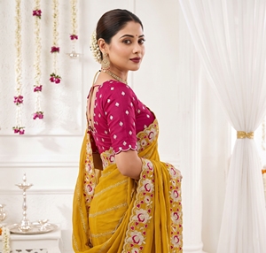 AARA Fashion Yellow Silk <b>Saree</b> with Pink Embroidery Matching Blouse <b>for</b> Wedding Occasion <b>Women</b> Traditional Wear Sun Protection - Product Image 4
