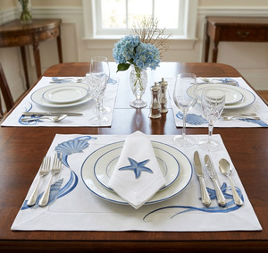 Custom Wholesale Luxury Embroidered Linen Blue Seashells <b>Placemats</b> Napkins Sets Washable Reuse White Linen Hemstitch Weddings - Product Image 3