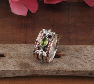 Bague en péridot vert naturel, argent sterling 925, bande perlée à pois, bijoux de fête classiques, bague en pierres précieuses pour femmes - Product Image 4