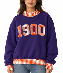 Sweat-shirt violet pour femme avec motif appliqué 1900, col et poignets à carreaux, coupe classique, col rond, style automne - Product Image 5