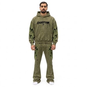 Ensemble de survêtement 2-en-1 pour homme, vert olive, à capuche, épais, imprimé flamme néon, streetwear, longueur intégrale, avec cordon de serrage et poches, coupe classique - Product Image 1