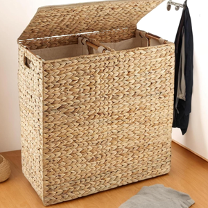 Natural Double Oval Water Hyacinth Laundry <b>Basket</b> with Lid, 2-Section <b>Hamper</b> With Soft Cotton Liner, Wholesale From Vietnam - Product Image 5