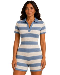 <b>Stone</b> Blue And Ivory Striped Knit Romper Women Short Sleeve Polo Collar Summer Casual One Piece Playsuit Slim Fit Custom Design - Product Image 1