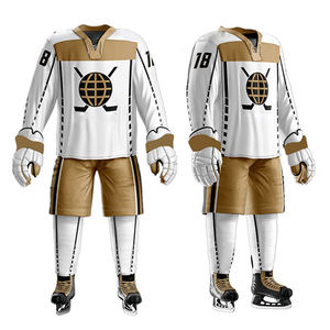 Ensemble d'uniformes de lacrosse personnalisés blanc et or, maillot de hockey, vêtements d'équipe, chemise à manches longues, shorts, gants, patins à glace - Product Image 2